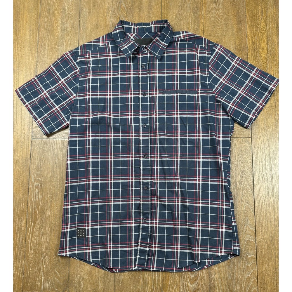 KR3W Krew Men's XL Plaid Short Sleeve Button Up Skate Shirt Navy Red 3244